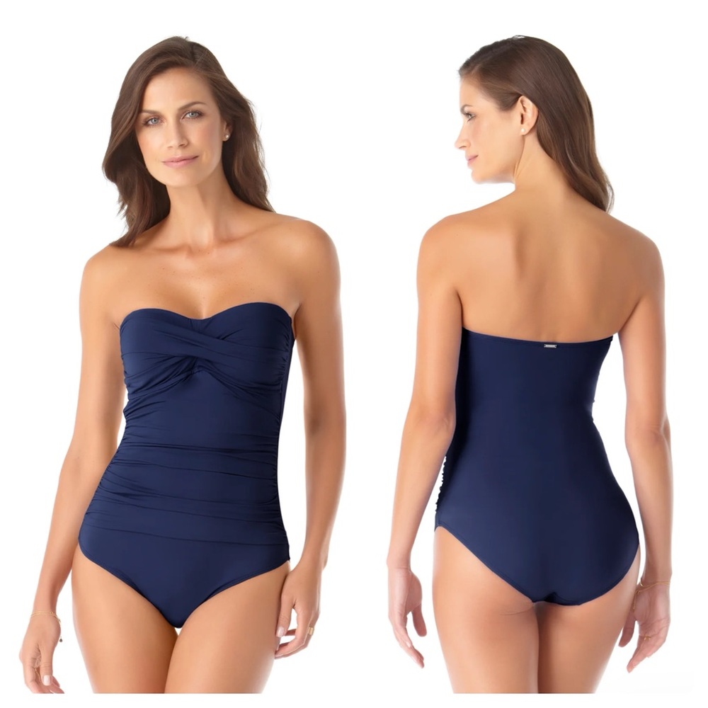 NEW Anna Cole Twist Front Shirred Strapless One Piece Bathing Suit Navy 8 Medium